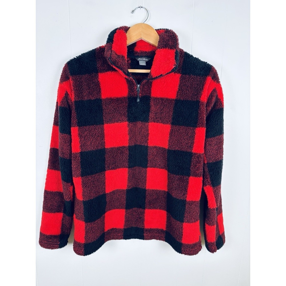 Eddie Bauer Sz Small Red Buffalo Plaid Teddy Bear Jacket Fleece Sherpa 1/4 Zip